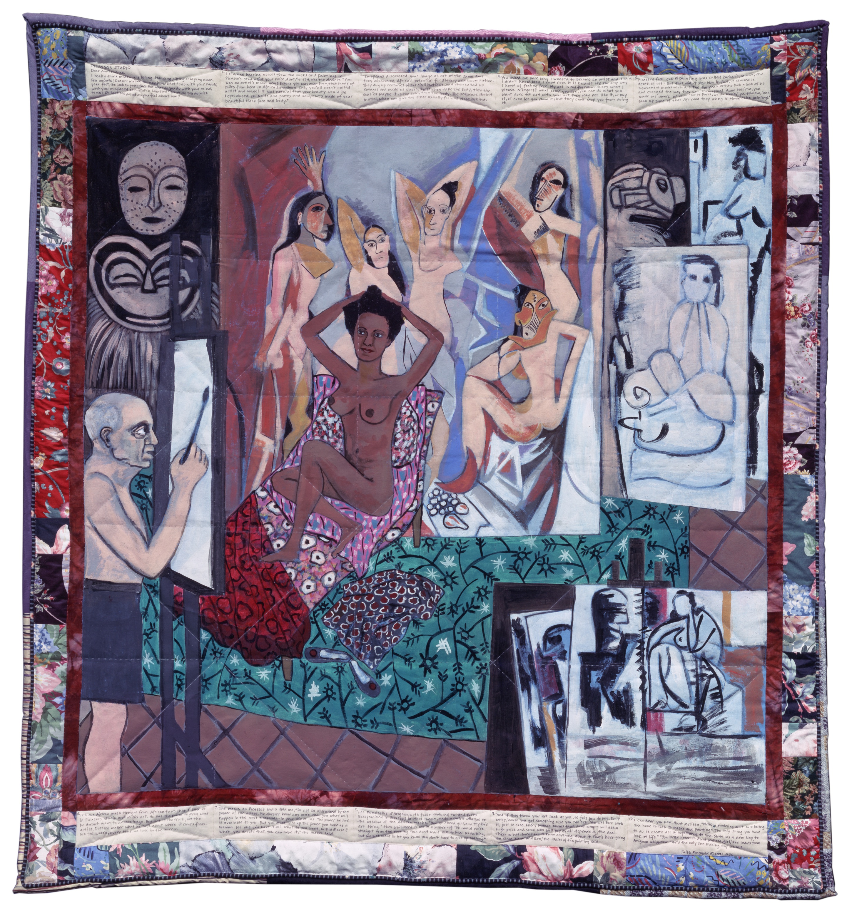 Faith Ringgold, Picasso’s Studio: The French Collection Part I, #7, 1991, Acrylique sur toile, tissus imprimé et teint, encre, 185,4 x 172,7 cm, © Faith Ringgold / ARS, NY and DACS, London, courtesy ACA Galleries.