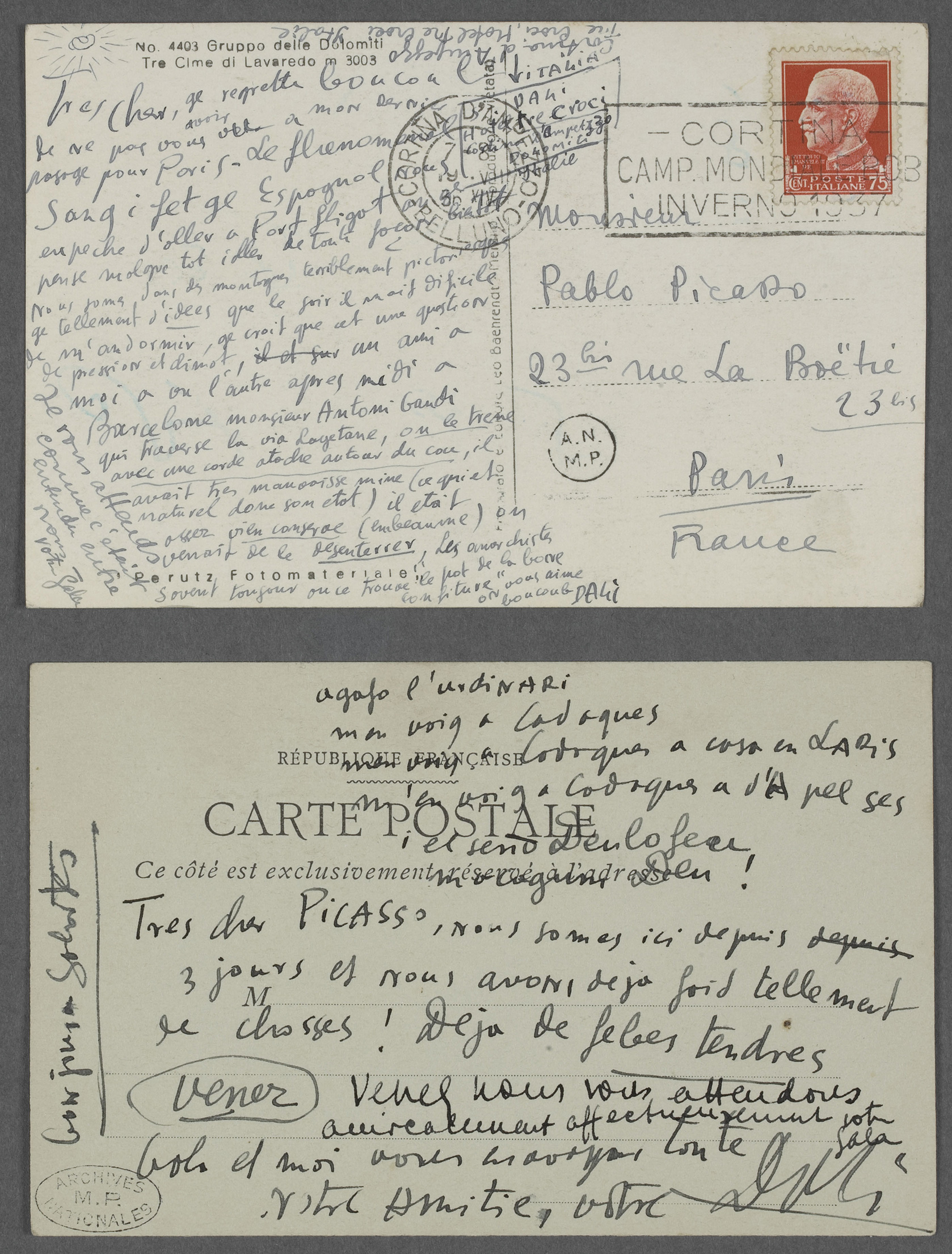 Cartes postales de Gala et Salvador Dali à Pablo Picasso - 515AP/C/35/2/6;515AP/C/35/2/7 - 03-009235