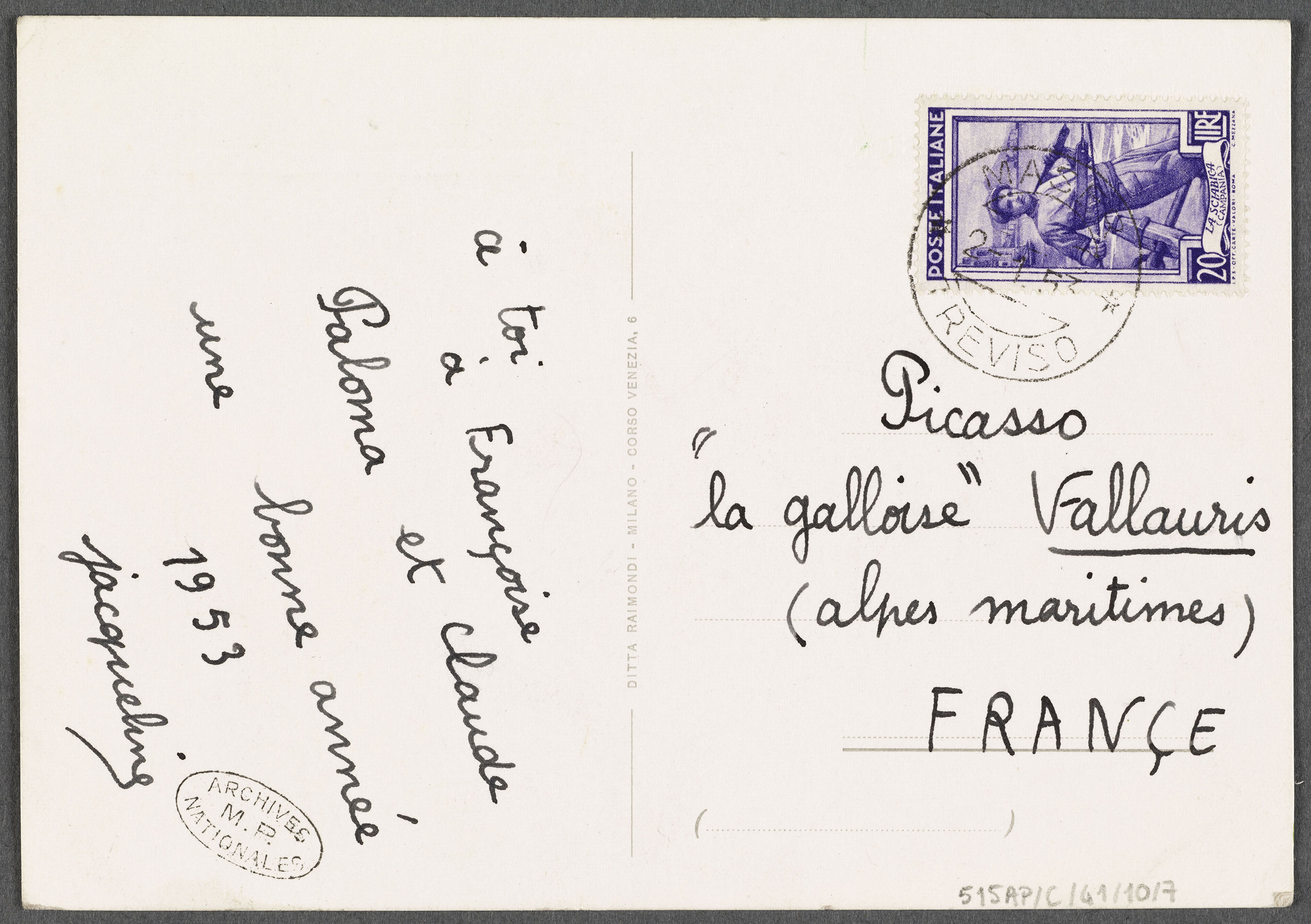 Jaqueline Duhême - Carte de vœux à destination de Picasso - 515AP/C/41/10/7 - 15-512737 