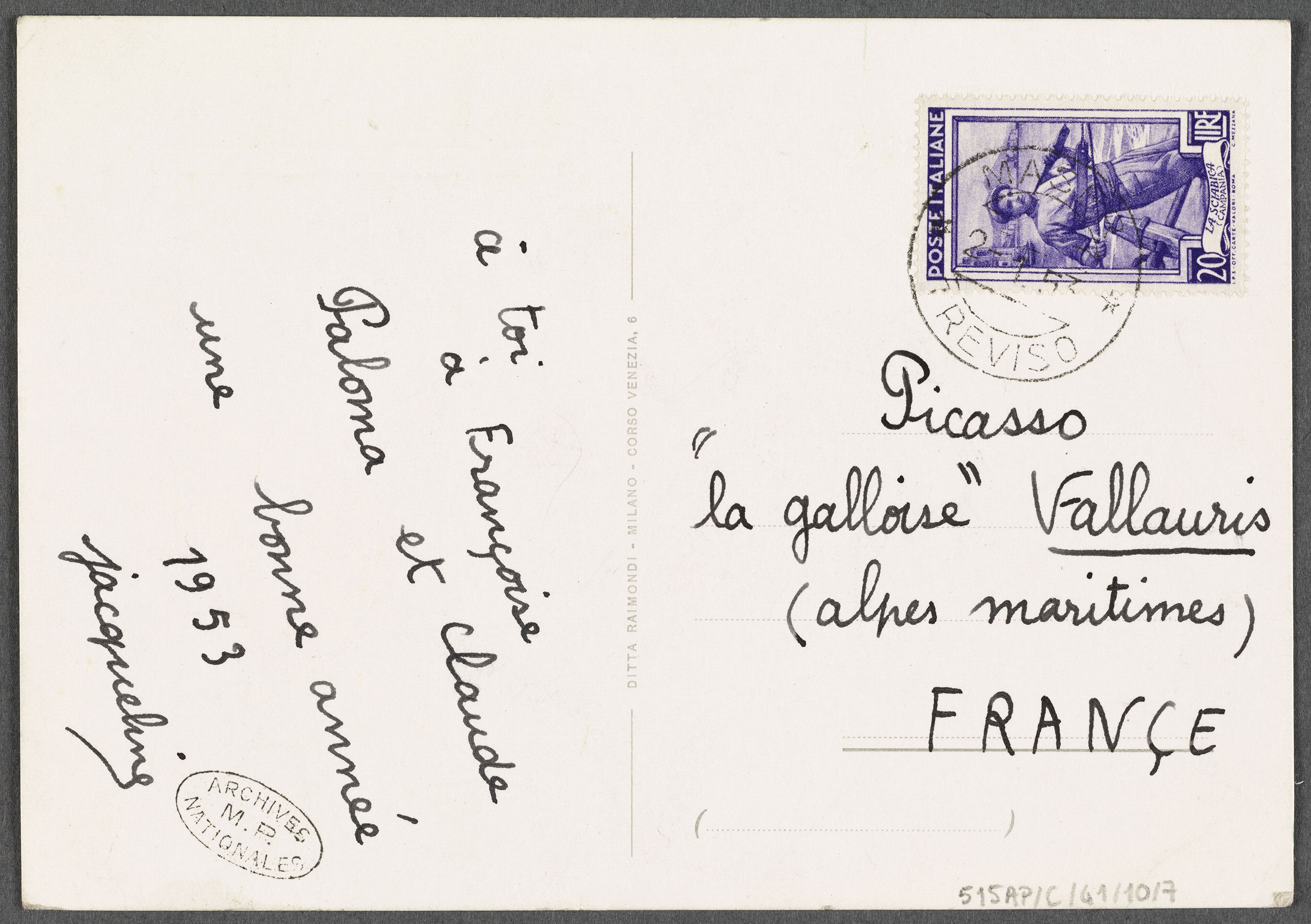 Jaqueline Duhême - Carte de vœux à destination de Picasso - 515AP/C/41/10/7 - 15-512737