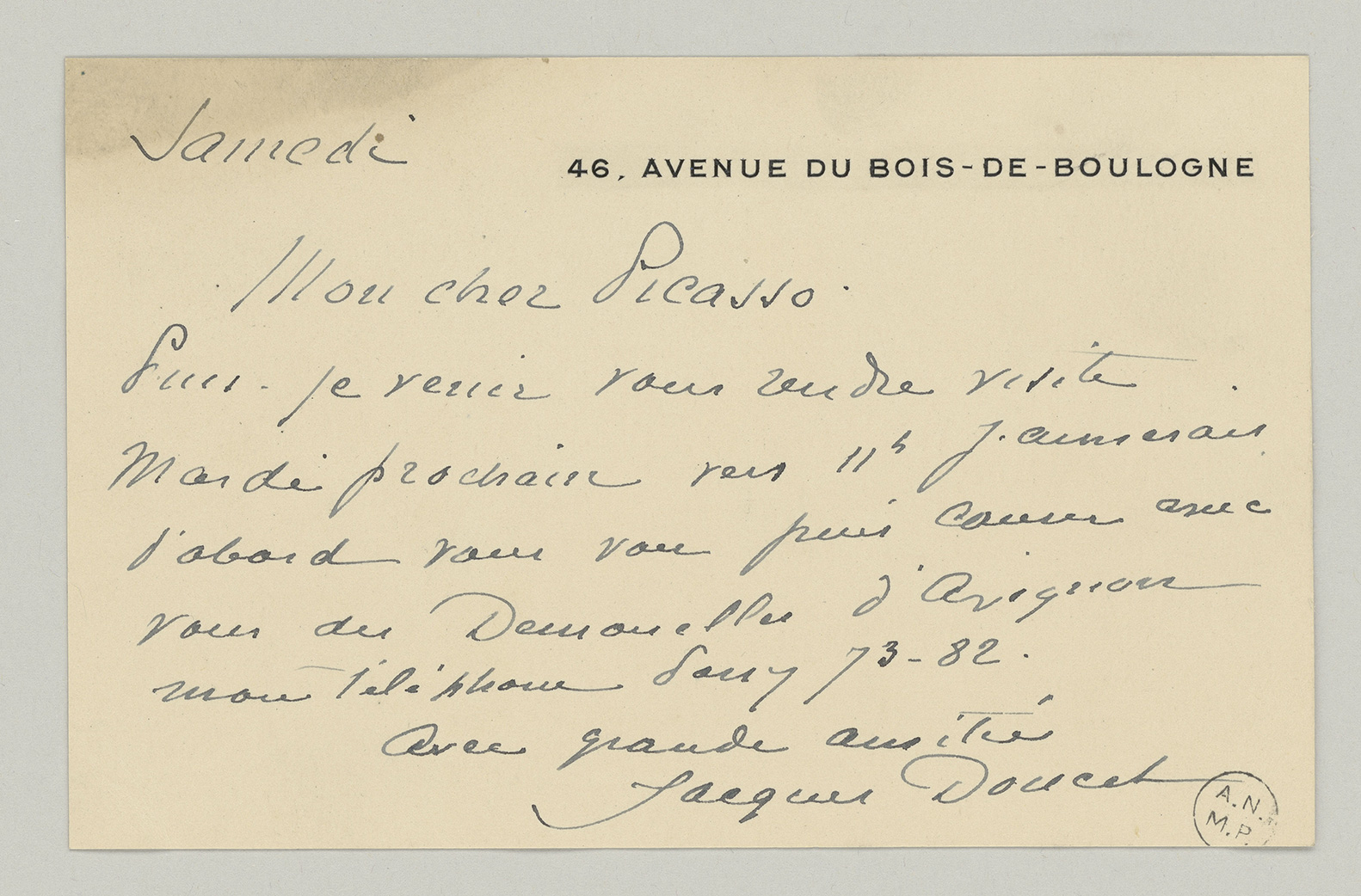 Jacques Doucet - Lettre à Picasso sur "les Demoiselles d'Avignon" -  515AP/C/40/7/10 - 18-518247