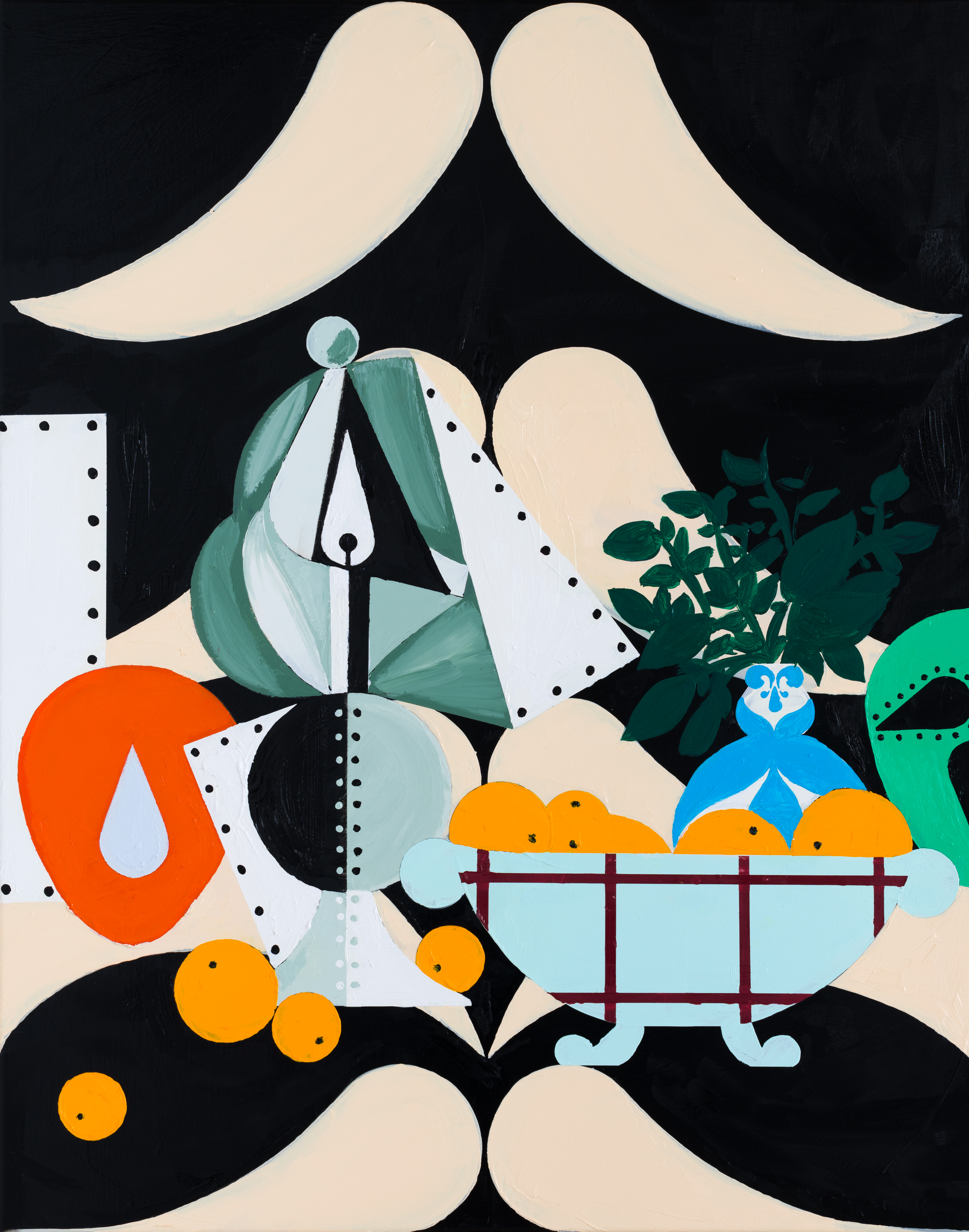 Farah Atassi, Still Life with masks Paris, 2022, Huile et glycérol sur toile, Courtoisie de l’artiste et Almine Rech