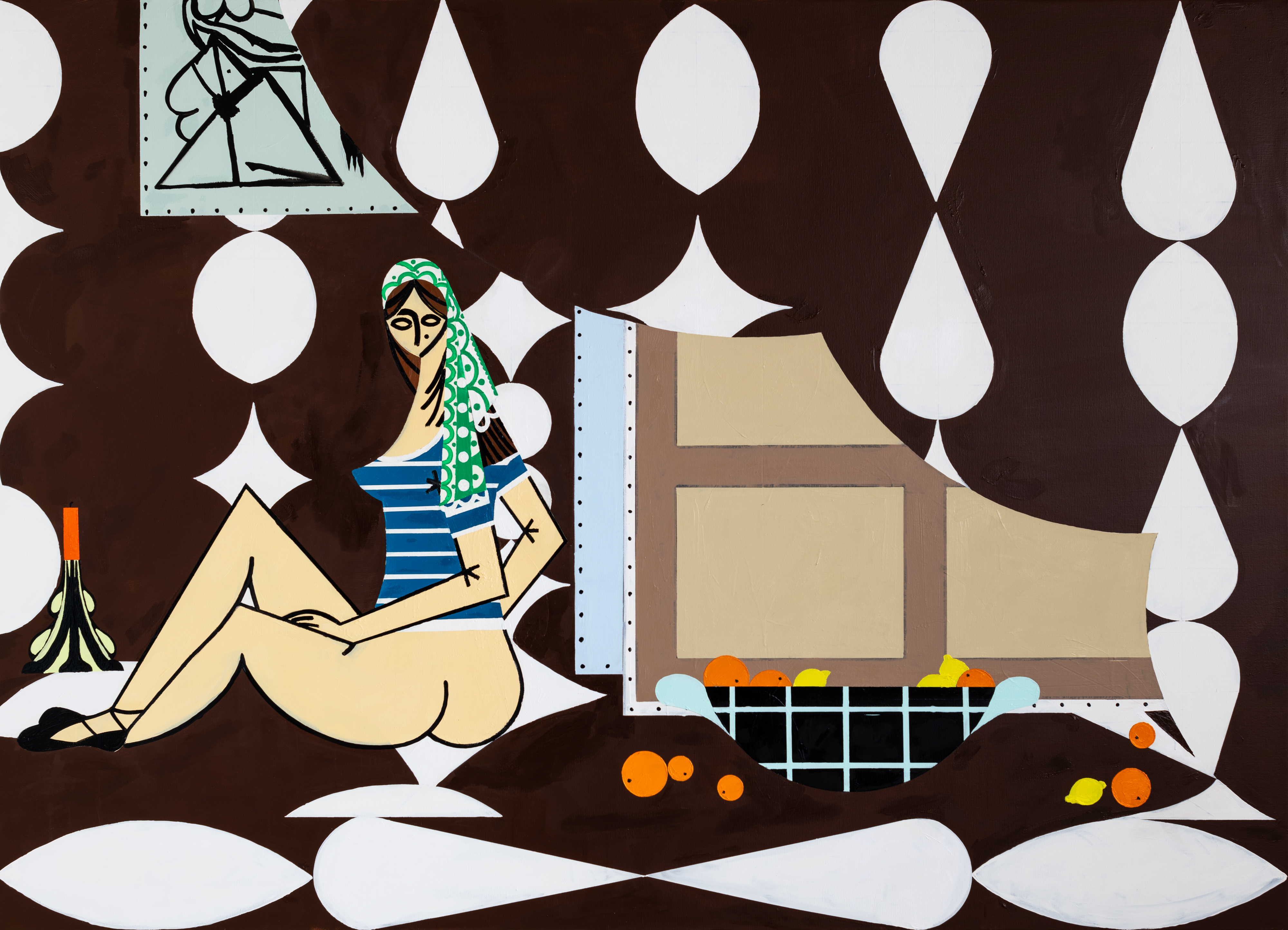 Farah Atassi, Woman with Green Headscarf, 2022, Huile et glycéro sur toile, 180 × 250 cm, Collection Farah Atassi