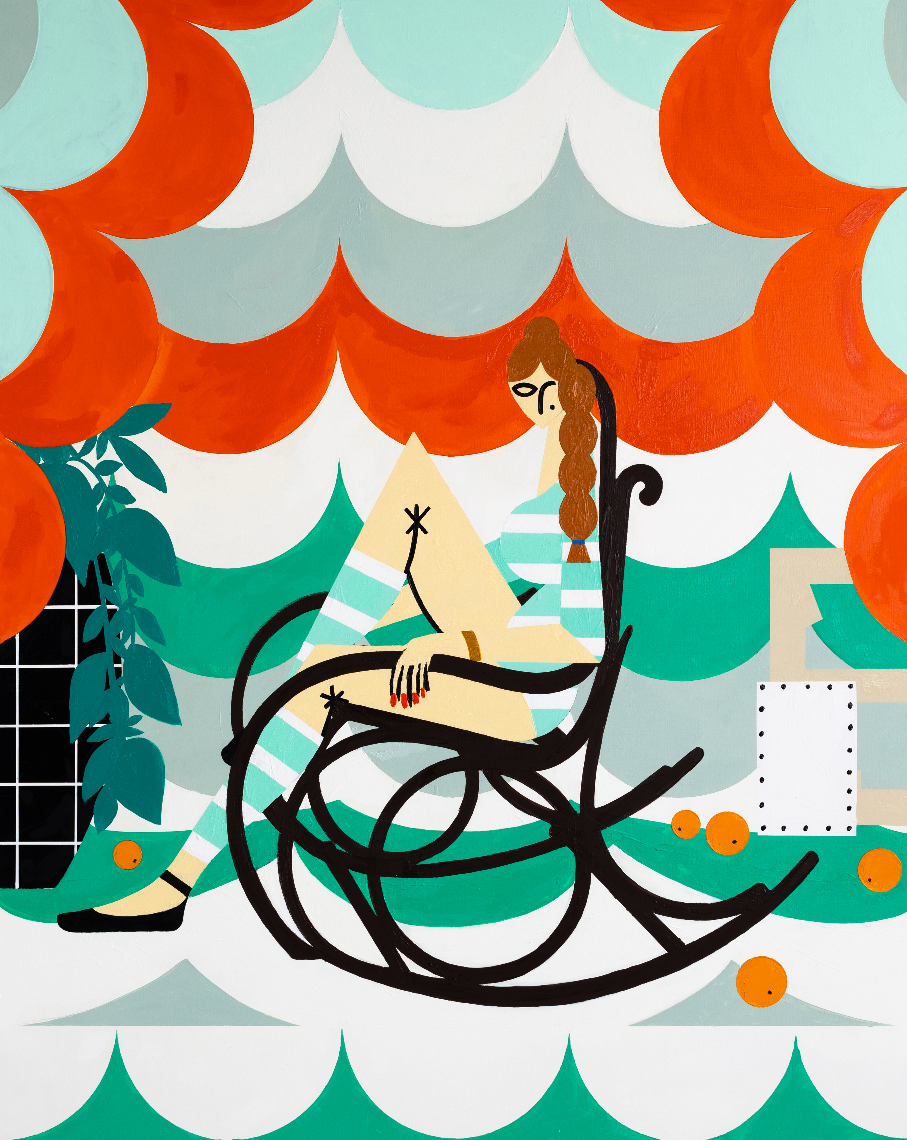 Farah Atassi, Dancer in Rocking Chair, 2022, Huile et glycéro sur toile, 200 × 160 cm, Courtoisie Almine Rech, Paris, Bruxelles, Londres,  New York, Shanghai