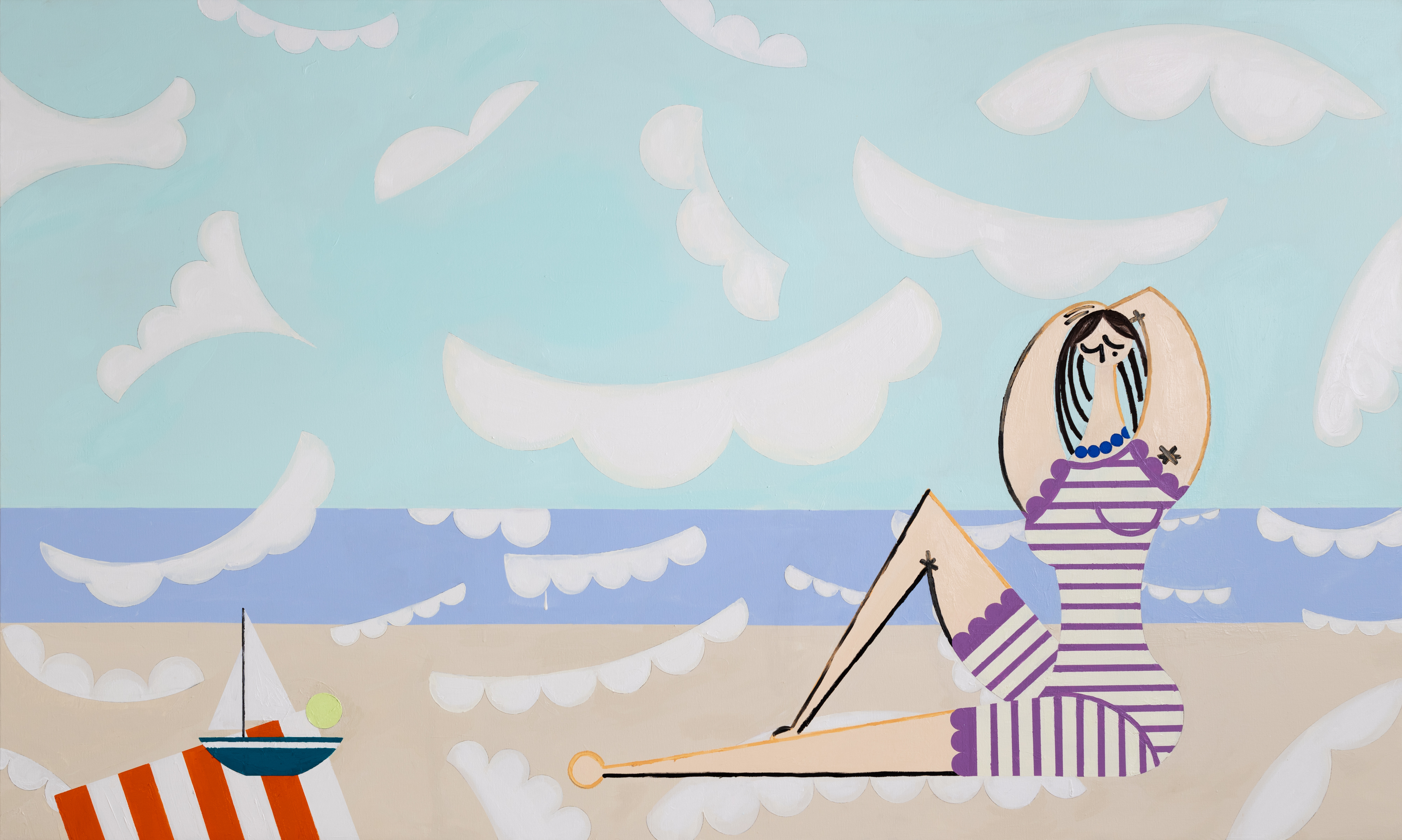 Farah Atassi, Bather, 2022, Huile et glycéro sur toile, 150 × 250 cm, Courtoisie Almine Rech, Paris, Bruxelles, Londres, New York, Shanghai