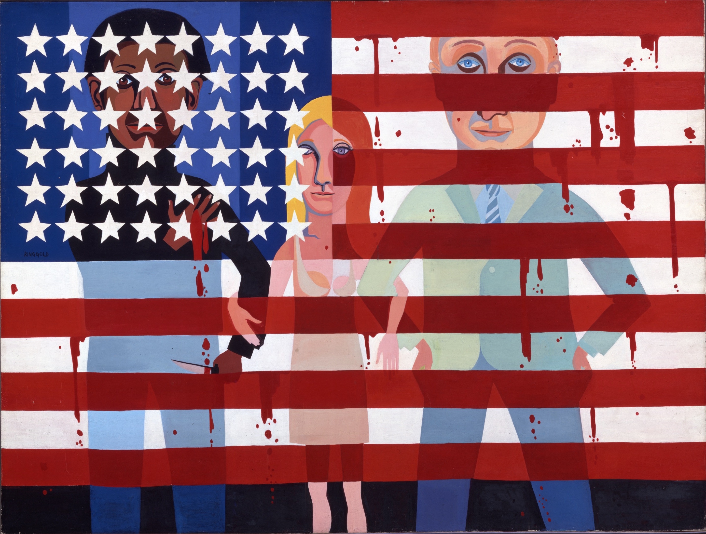 Faith Ringgold, American People Series #18: The Flag Is Bleeding, 1967, Huile sur toile, 182,9 x 243,8 cm © Faith Ringgold / ARS, NY and DACS, London, courtesy ACA Galleries, New York 2022.