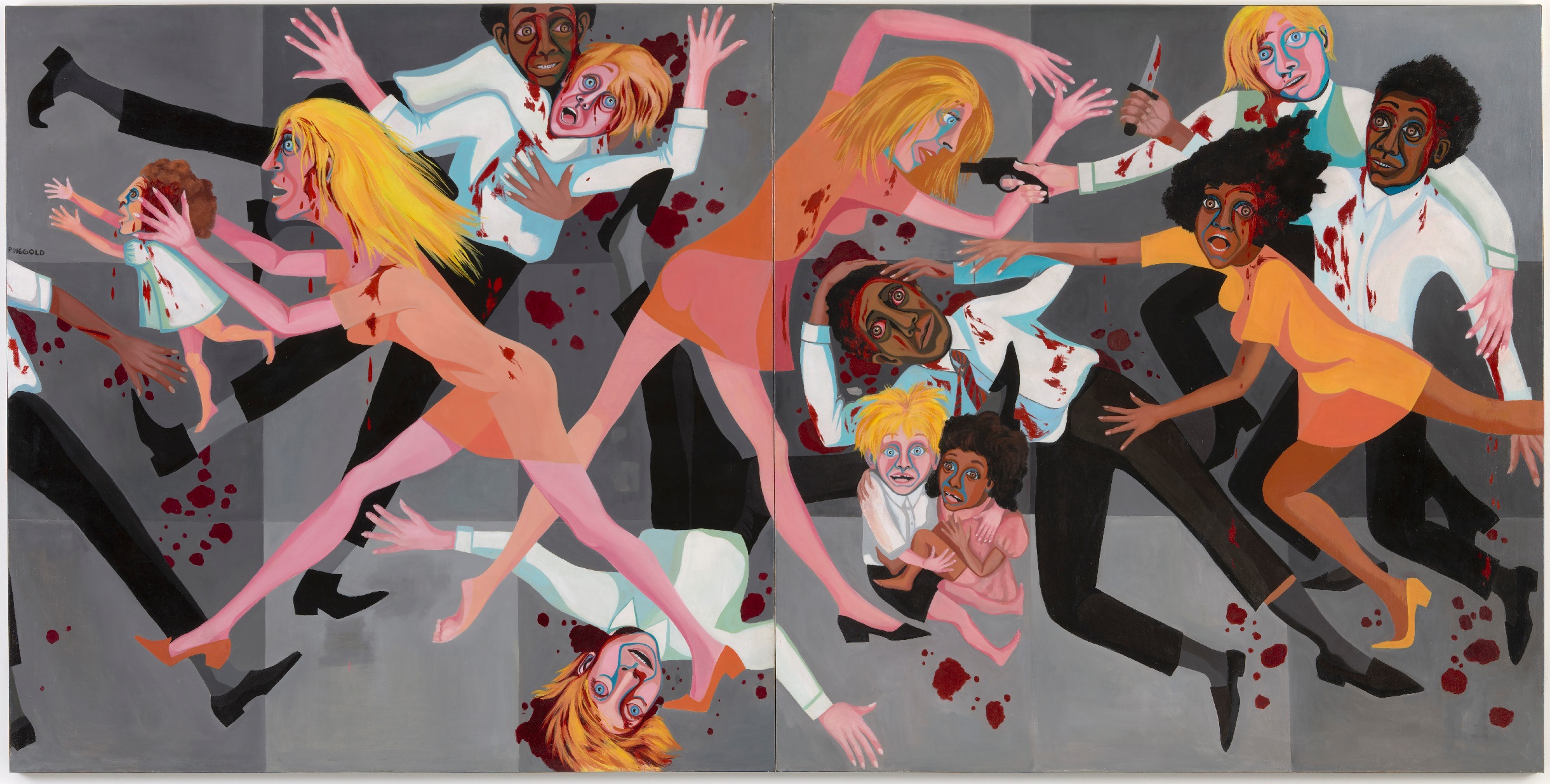 Faith Ringgold, American People Series #20: Die, 1967, Huile sur toile, deux panneaux 182,9 x 365,8 cm, . © Faith Ringgold / ARS, NY and DACS, London, courtesy  ACA Galleries, New York 2022. Digital Image © The Museum of  Modern Art/Licensed by SCALA / Art Resource