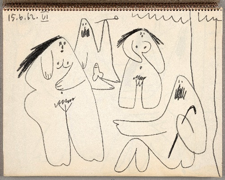 Pablo Picasso, Carnet de dessins (Études pour le Déjeuner sur l’herbe) 15 au 17 juin 1962, Musée national Picasso-Paris, Dation Maya Ruiz-Picasso 2021 © RMN-Grand Palais (Musée national Picasso-Paris) / Rachel Prat © Succession Picasso 2022 